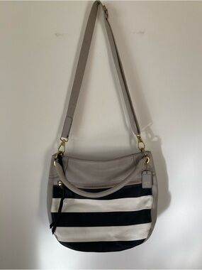 Fossil Karli grey leather hobo bag black, white stripes removable long strap